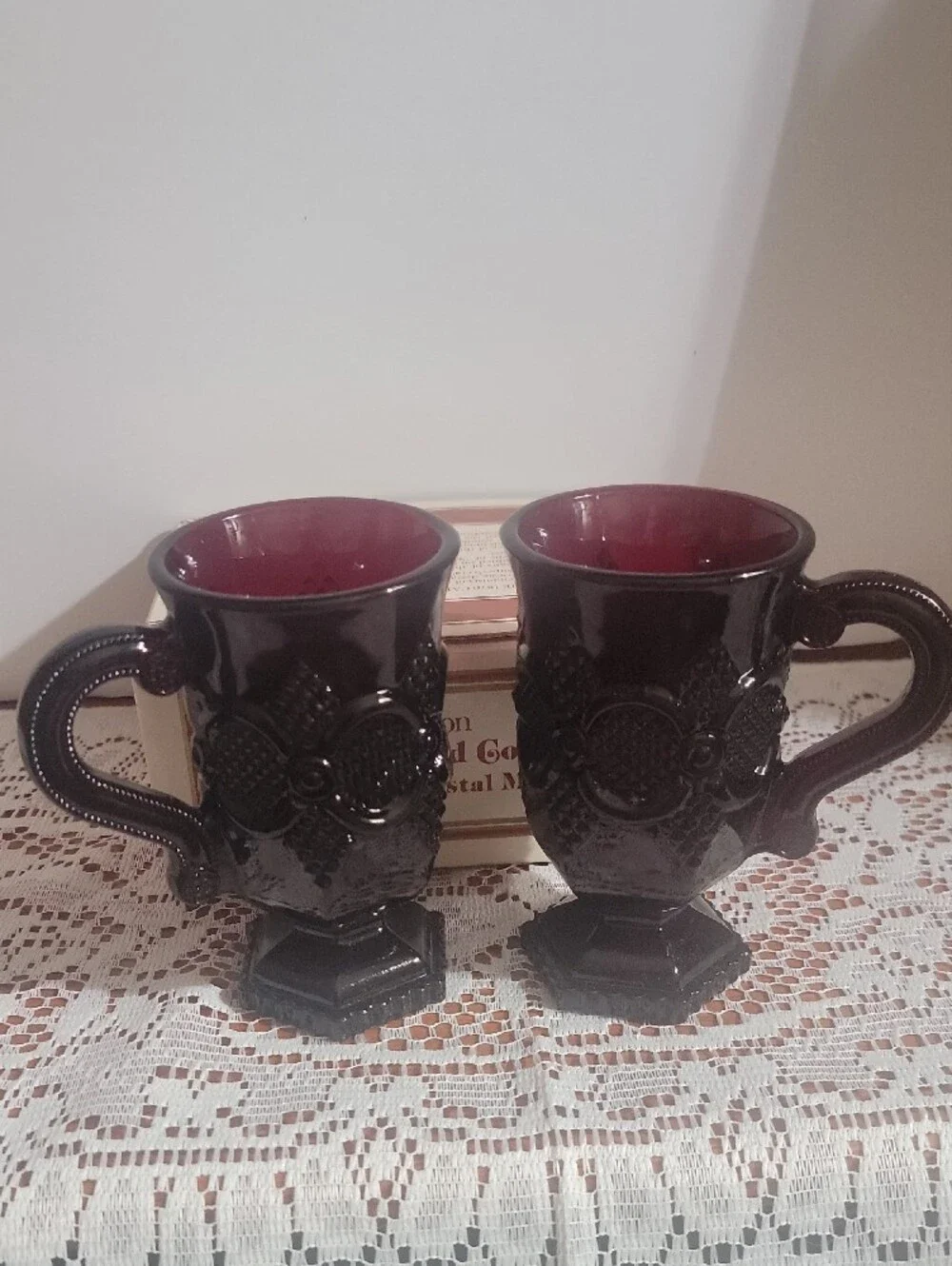 Avon Cape Cod Collection Ruby Red  Pedestal Mugs - Pair